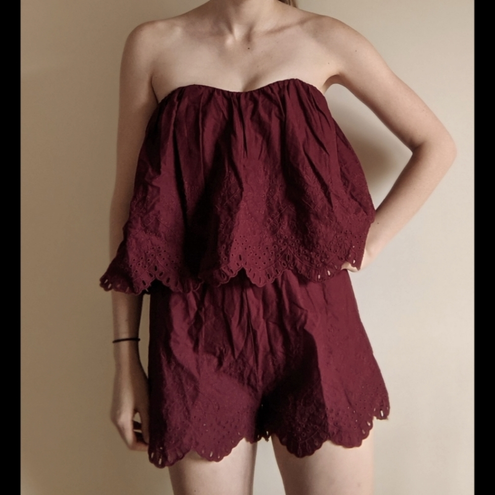 H&M Burgandy Strapless Scalloped Romper